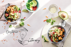 Cover of Epistemic Literary, Issue 1: Food, featuring a photograph taken from above of a place setting with two grain bowls and an avocado, and the Epistemic Literary logo in the bottom left corner.