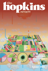 Cover of The Hopkins Review, Volume 16, Issue 3, featuring a stylized illustration of farmland seen from above.