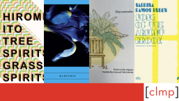 Featured image for National Translation Month 2023, with covers of Tree Spirits Grass Spirits, Elektric, Dias naturales, and Song of the Absent Brook.