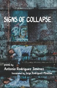 Cover of Signs of Collapse by Antonio Rodríguez-Jiménez, featuring an illustration of someone asleep outside beneath a graffitied wall.
