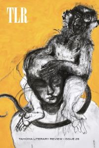 Cover of Tahoma Literary Review, featuring a charcoal drawing of a monkey riding on a person's shoulders, on a yellow background.