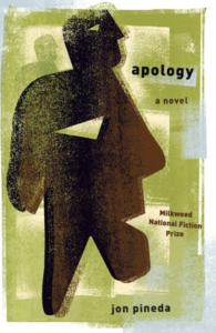 Apology by Jon Pineda featuring green and black artwork of stamp prints forming a figure that doubles as a head shape.