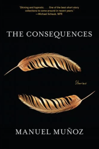 The Consequences by Manuel Muñoz featuring a complete black cover with two golden feathers in the center.