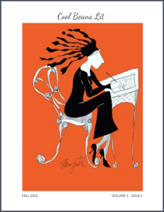 Cover of Cool Beans Lit's Volume 1, Issue 1, featuring an illustration of a woman writing at a desk.