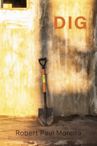 DIG by Robert Paul Moreira featuring a photograph of a lone shovel in the center resting against a cracked stone wall. 