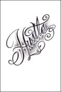 Hustle by David Tomas Martinez featuring a blank white cover with the title printed in a tattoo font in the center.