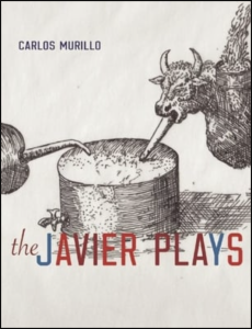 The Javier Plays by Carlos Murillo featuring surreal black and white line art of a cow-like figure drinking from a tank. 