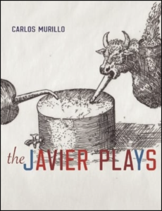 The Javier Plays by Carlos Murillo featuring surreal black and white line art of a cow-like figure drinking from a tank.