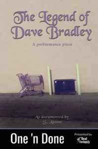 The Legend of Dave Bradley by S. Atzeni featuring a faded photograph of a shopping cart against a wall sitting next to an electrical box and yellow bollards. 