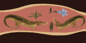 Artwork of two alligators surrounded by three plants, including a blue flower.