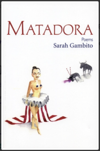 Matadora by Sarah Gambito featuring a topless woman in a white skirt with a red and white striped tail and two buffalo in the background, one fallen over dead.