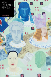 Cover of New England Review, Volume 44 Issue 3, featuring artwork containing five busts of people, some realistic and some abstract, on a mint green background.