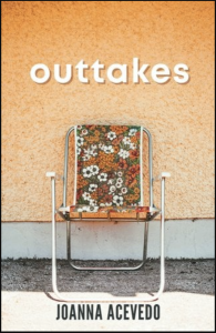 Outtakes by Joanna Acevedo featuring a photograph of a vintage flower-patterned chair propped up against an orange wall.