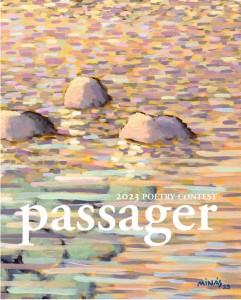 Cover of Passager, Issue 75, featuring artwork of three rocks on a background of pink, yellow, purple, green, and blue.