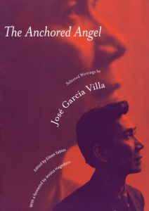 The Anchored Angel: Selected Writings by José Garcia Villa featuring a red photograph of a man’s side profile with an enlarged version in the background.