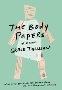 The Body Papers by Grace Talusan featuring a photograph of a body in a dress made from ripped paper against a mint green background.