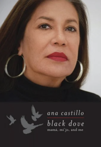 Cover of Black Dove: Mamá, Mi'jo, and Me by Ana Castillo featuring a photograph of a woman with red lipstick and hoop earrings; at the bottom in gray are outlines of doves.
