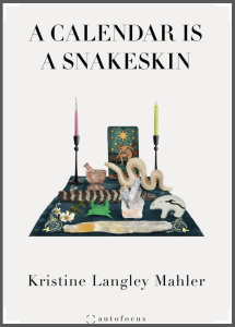 A Calendar is a Snakeskin by Kristine Langley Mahler featuring a photograph of a spread with crystals, candles, tarot cards, and other spiritual objects against a beige background.