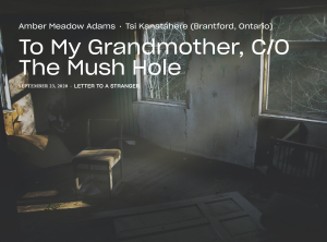 To My Grandmother, C/O the Mush Hole by Amber Meadow featuring a chair sitting in a derelict room with light shining through the windows. 