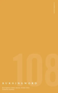 Burningword Literary Journal Issue 108 featuring a mustard-yellow cover with the title in white.