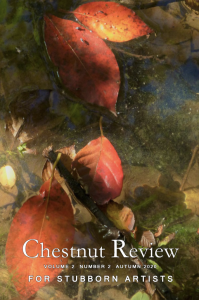Chestnut Review cover featuring a photograph of light shining on orange and red leaves underwater.