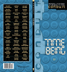 Conduit Issue 33: Time Being featuring a blue cover with a series of blue clocks. 