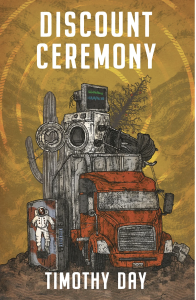 Discount Ceremony by Timothy Day featuring an art print of rustic junk against a golden background.