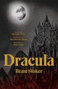 Dracula by Bram Stoker featuring a black and white gothic castle print sitting on cliffs under a full moon with a red haze at the bottom.