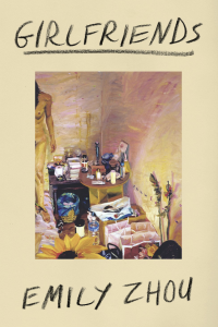 Girlfriends by Emily Zhour featuring artwork of a messy room with a nude woman standing off to the side with a beige border.