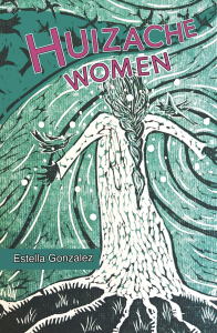 Huizache Women by Estella Gonzalez featuring teal artwork of a woman in a dress standing with her arms spread standing as a rooted tree.