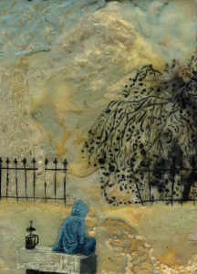 Kitchen Table Quarterly, Autumn 2023, featuring artwork of a hooded figure in blue on a bench in front of an open gate and a willow tree.