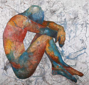 Finding Home, Finding Normal and The Myth of Normal by Sheana Ochoa featuring abstract artwork of a colorful figure sitting slumped over with their head in their arms. 