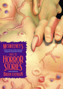The Monstrous and the Terrible featuring detailed artwork of a person’s hand with claw nails grabbing a veiny and warty back.