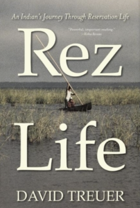 Rez Life by David Treuer featuring a photograph of a single man canoeing through wetlands.