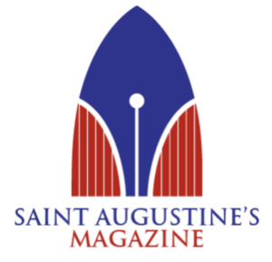 Saint Augustine's Magazine logo below a blue and red arched shape like a fountain pen tip.