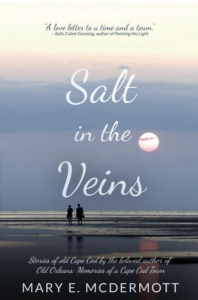 Salt in the Veins by Mary E. McDermott featuring a photograph of two people walking on the beach with a colorful sky.
