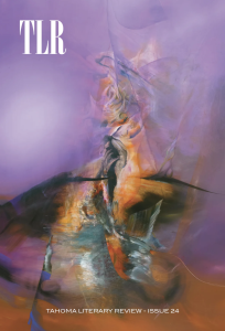 Tahoma Literary Review issue cover featuring colorful abstract artwork of whirls against a purple background.
