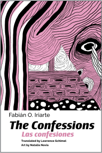 The Confessions by Fabián O. Iriarte featuring pink, white, and black lined artwork.