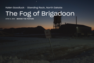 The Fog of Brigadoon by Kalen Goodluck featuring a photograph of a road in front of a water tower against a sunset.