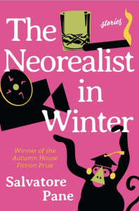 The Neorealist in Winter by Salvatore Pane featuring a graphic of a glass, cigarette, monkey with a graduation cap, and film camera against a pink background.