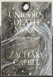 Unicorn Death Moon Day Planner by Zachary Cahill featuring a gray and white sketch of a unicorn and skull under the moon.
