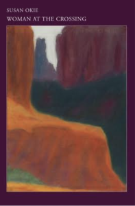 Woman at the Crossing by Susan Okie featuring artwork of canyons bordered by dark purple.
