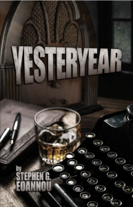 Yesteryear by Stephen G. Eoannou featuring a photograph of a typewriter, glass of an amber liquid, and a leather book with an open pen in front of a vintage radio.