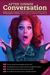 After Dinner Conversation: November 2023 featuring a photograph of a red-haired drag queen with a surprised expression against a neon light background.