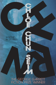 Churn by Chloe Chun Seim featuring the title in large black letters scattered around the cover and the author’s name in white letters against a blue background.