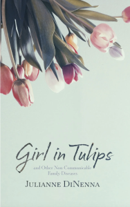 Girl in Tulips by Julianne DiNenna featuring pink tulips hanging from the top against a mint background. 