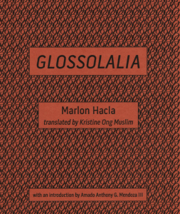 Glossolalia by Marlon Hacla featuring a rust-red background with black lined patterns. 