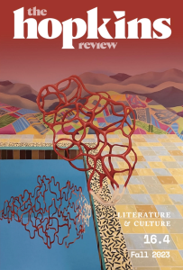 The Hopkins Review Volume 16, Issue 4 featuring abstract artwork of a red tangled figure looking into its reflection in a checkered pool with red hills in the background.