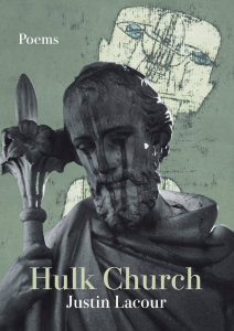 Hulk Church by Justin Lacour featuring a photograph of a statue of a man holding a spear and crying dark tears behind green abstract artwork. 