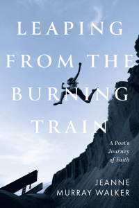 Leaping from the Burning Train by Jeanne Murray Walker featuring a photograph of a woman’s silhouette leaping off a cliff from high above. 
